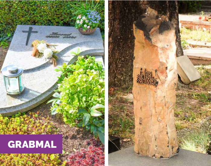 Zwei verschiedene Grabmale: links eine moderne, flache Steinplatte mit Kreuz, Blumen und Laterne, rechts ein aufrecht stehender Naturstein mit eingraviertem Namen und Daten. Unten links steht auf violettem Feld das Wort „Grabmal“.